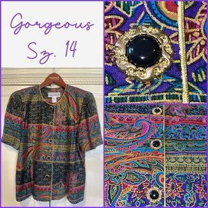 Jessica Howard Blazer Women 14 Colorful Vintage USA Retro‎ Short Sleeve